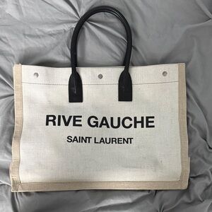 Saint Laurent Rive Gauche Canvas Tote in Beige and Black